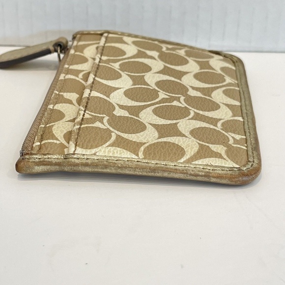 Coach Signature Logo Stripe Coin Purse Pouch Key Chain Change Gold Tan Wallet - - Picture 6 of 14